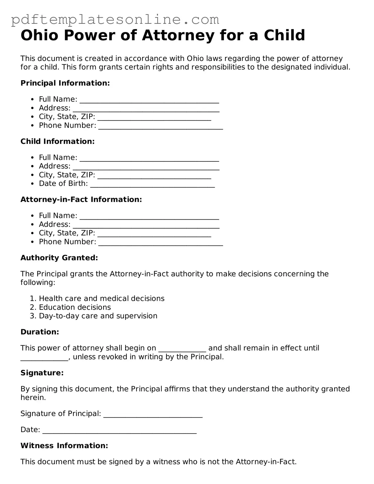 Official Ohio Power of Attorney for a Child Document