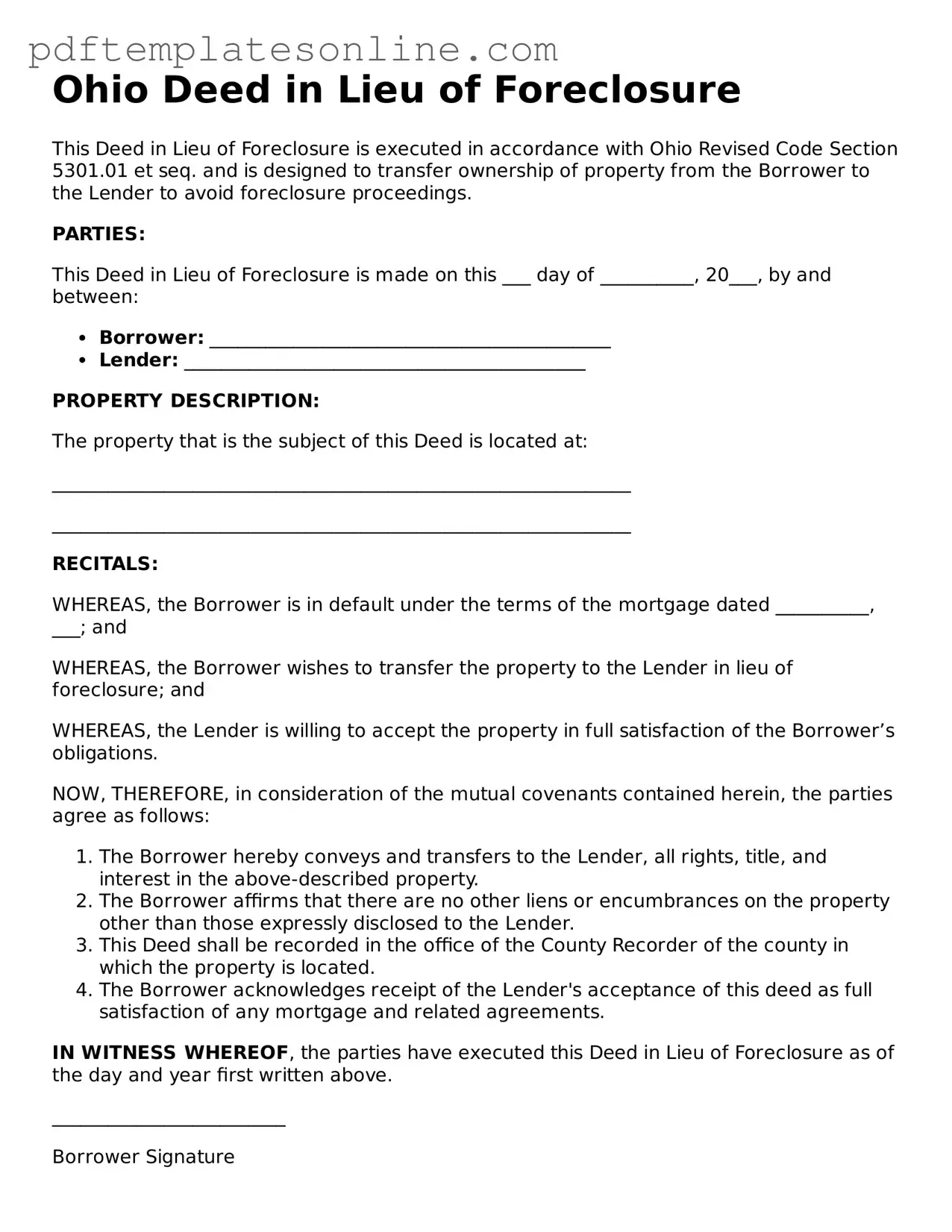 Official Ohio Deed in Lieu of Foreclosure Document