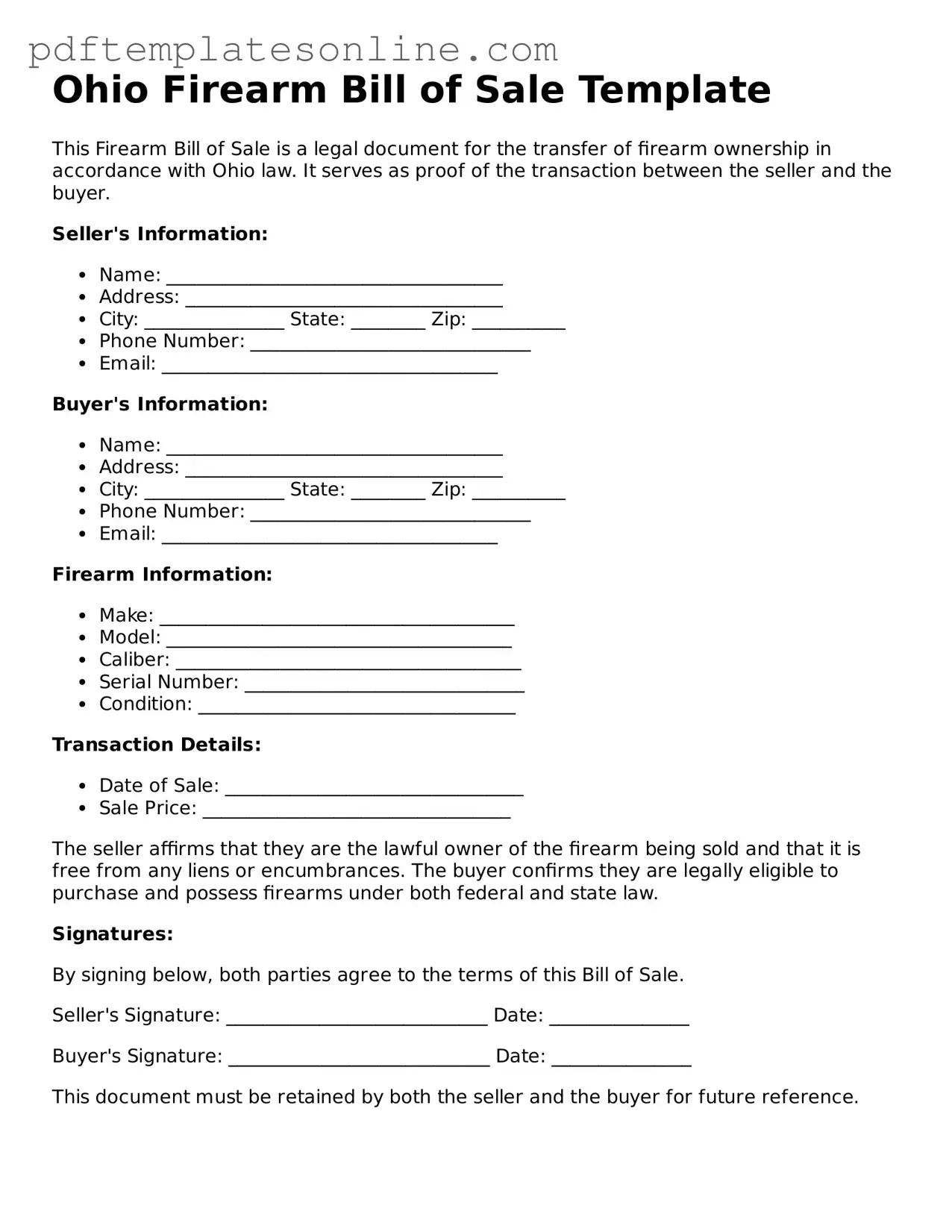 Official Ohio Firearm Bill of Sale Document