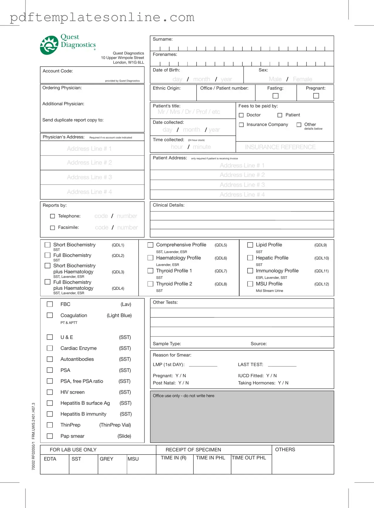 Blank Order Quest Diagnostics Form