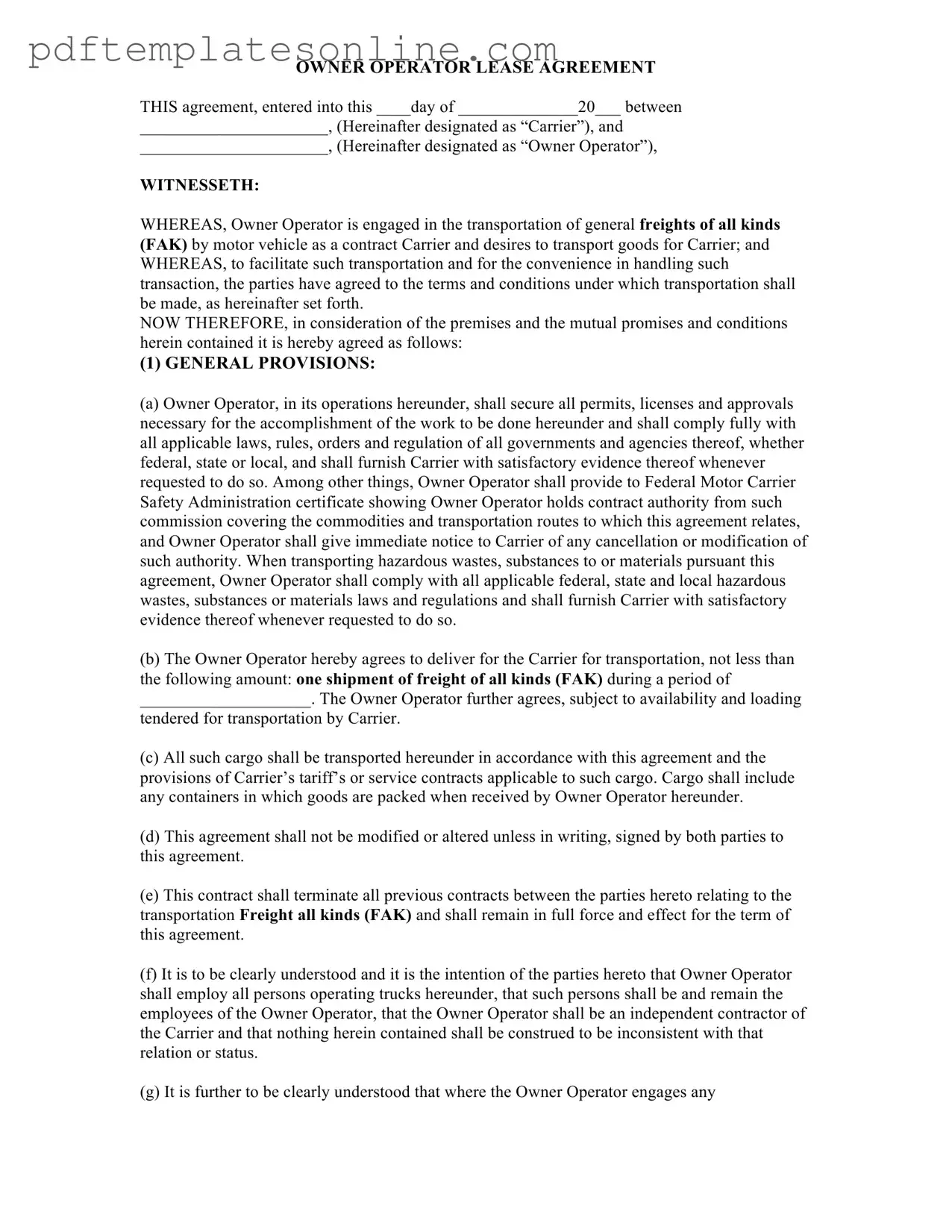 Blank Owner Operator Lease Agreement Form