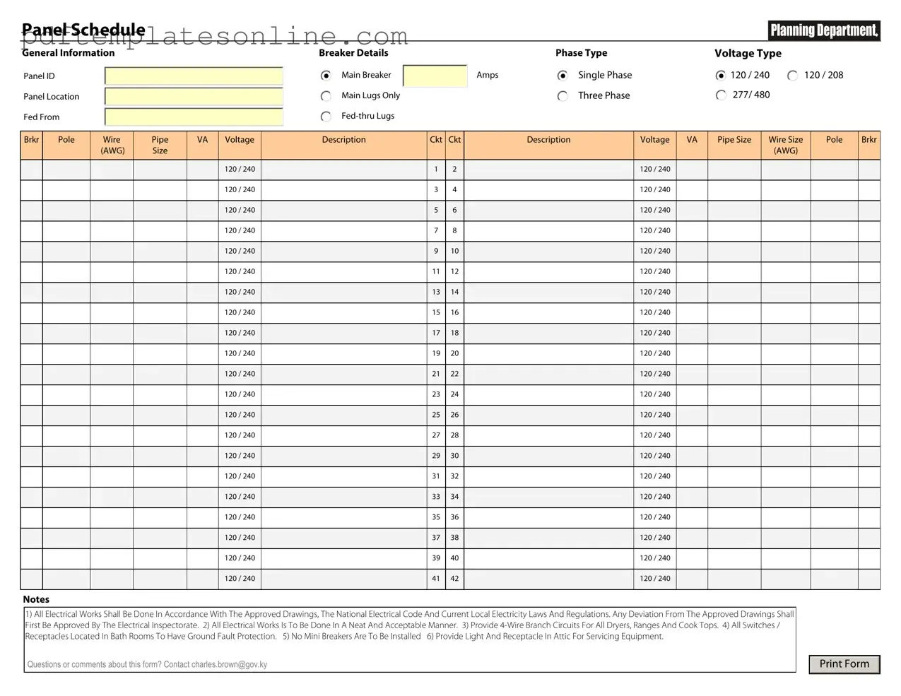 Blank Electrical Panel Schedule Form