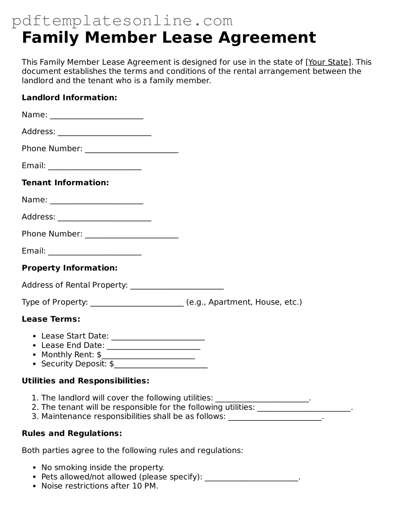 Fillable Family Member Lease Agreement Document