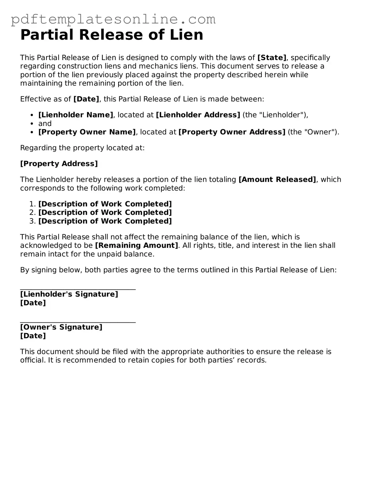 Fillable Partial Release of Lien Document