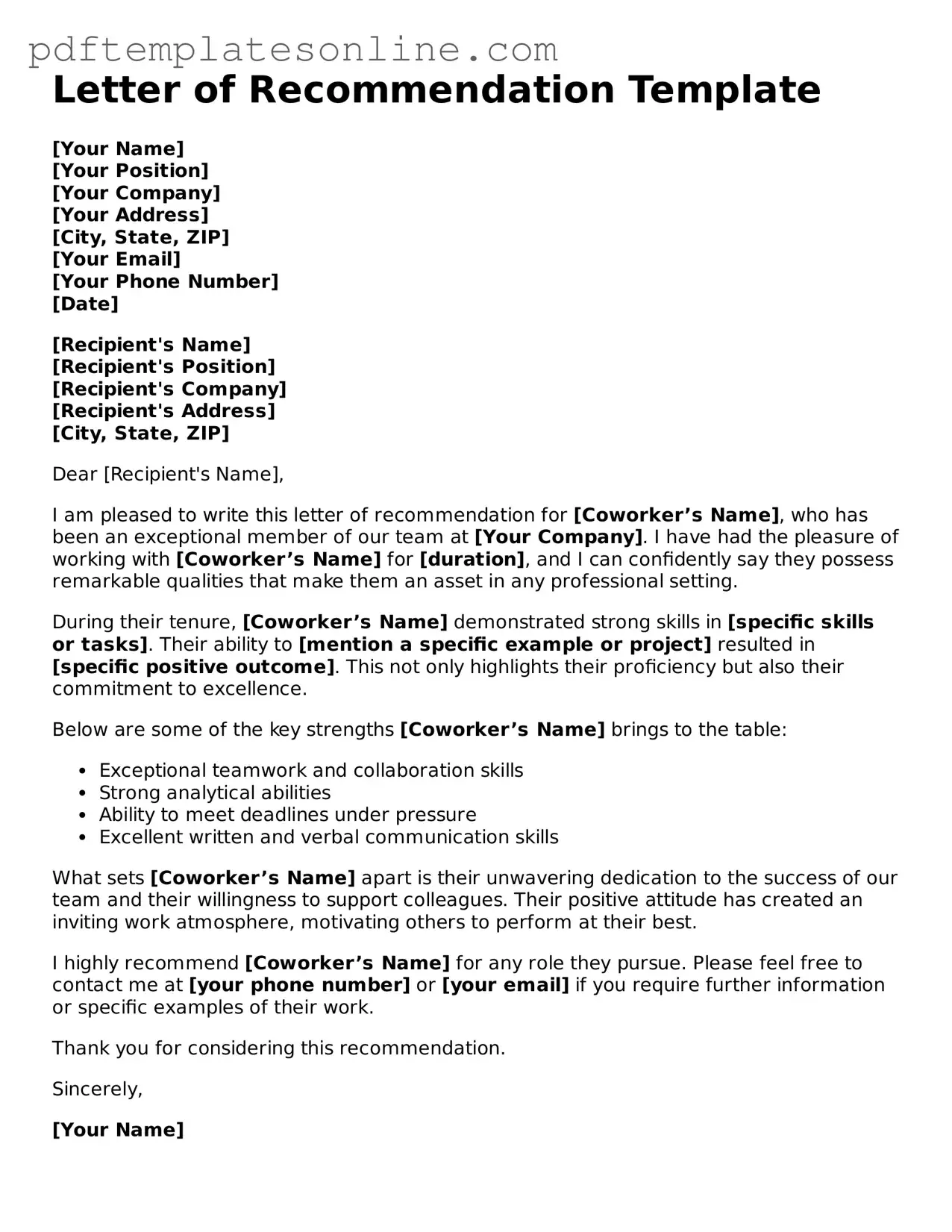 Fillable Letter of Recommendation for Coworker Document