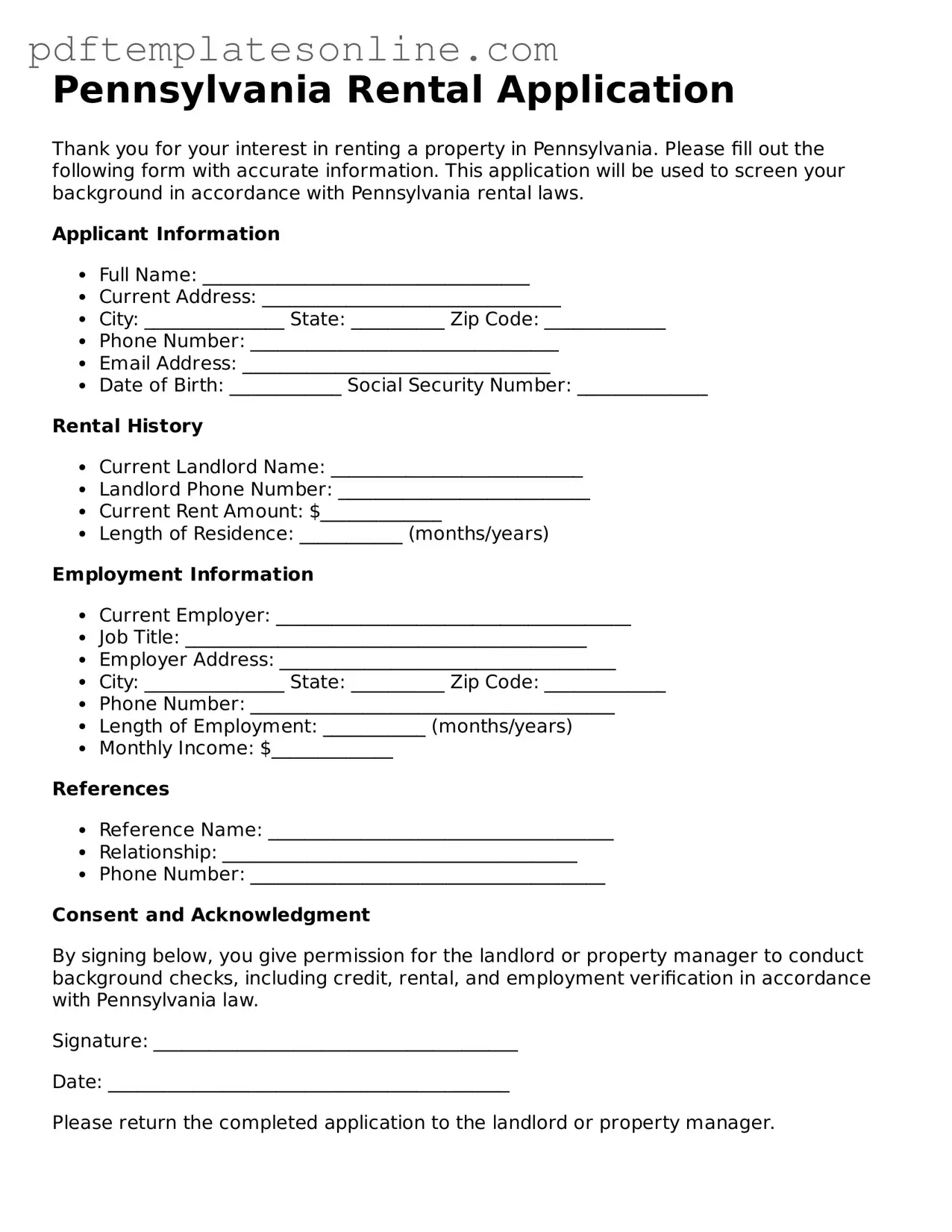 Official Pennsylvania Rental Application Document