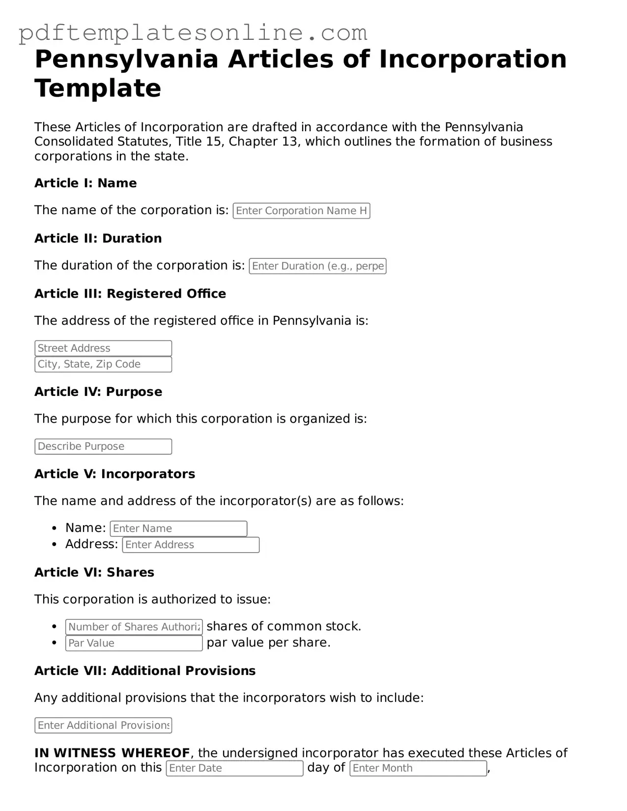 Official Pennsylvania Articles of Incorporation Document