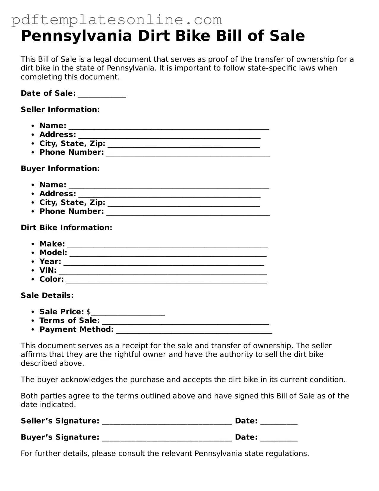 Official Pennsylvania Dirt Bike Bill of Sale Document