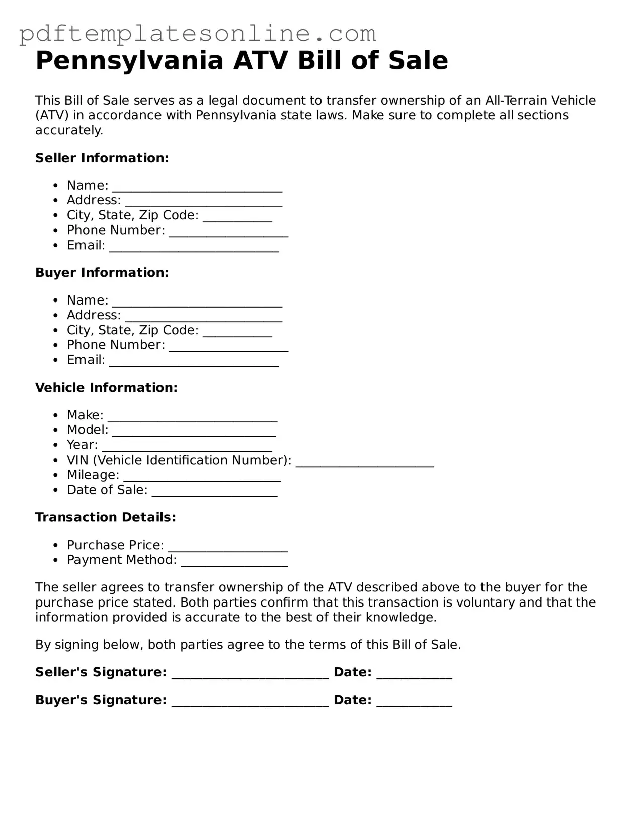 Official Pennsylvania ATV Bill of Sale Document