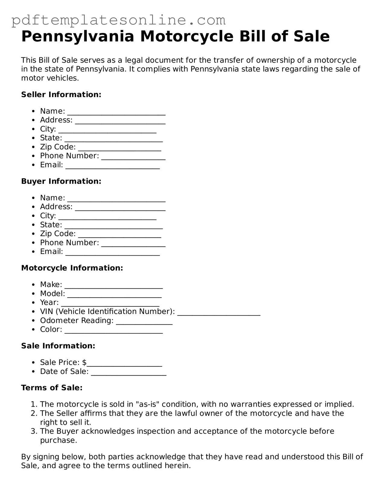 Official Pennsylvania Motorcycle Bill of Sale Document