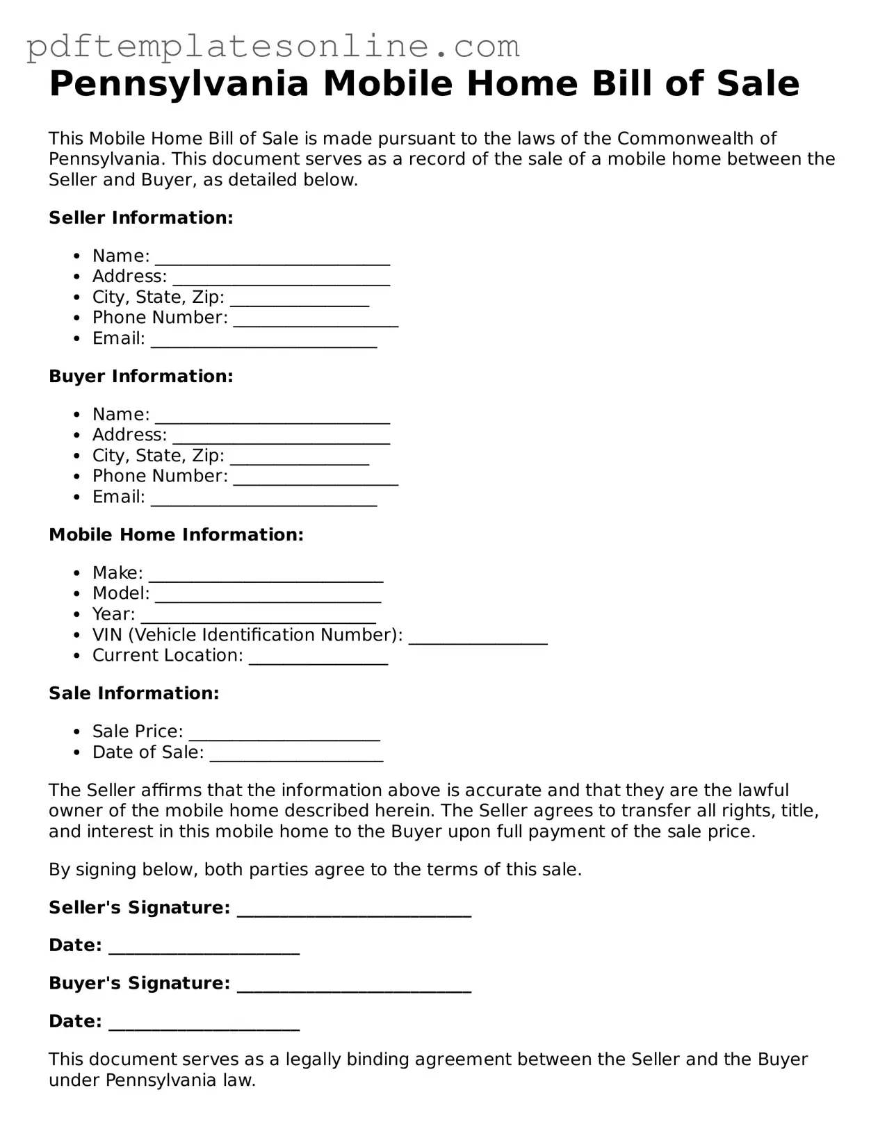 Official Pennsylvania Mobile Home Bill of Sale Document