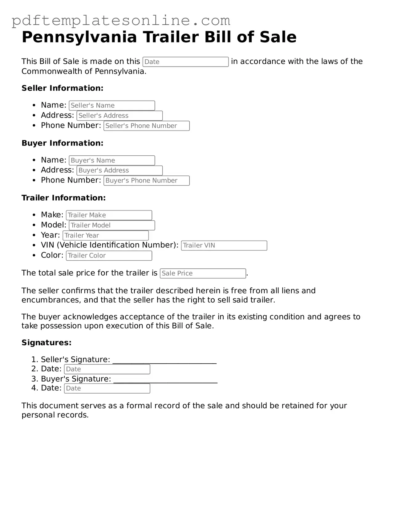 Official Pennsylvania Trailer Bill of Sale Document