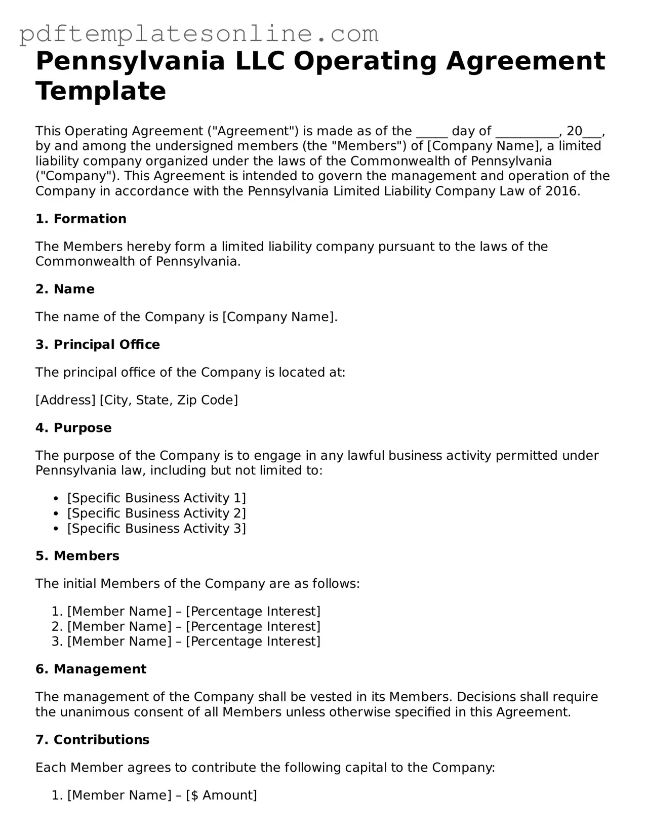 Official Pennsylvania Operating Agreement Document