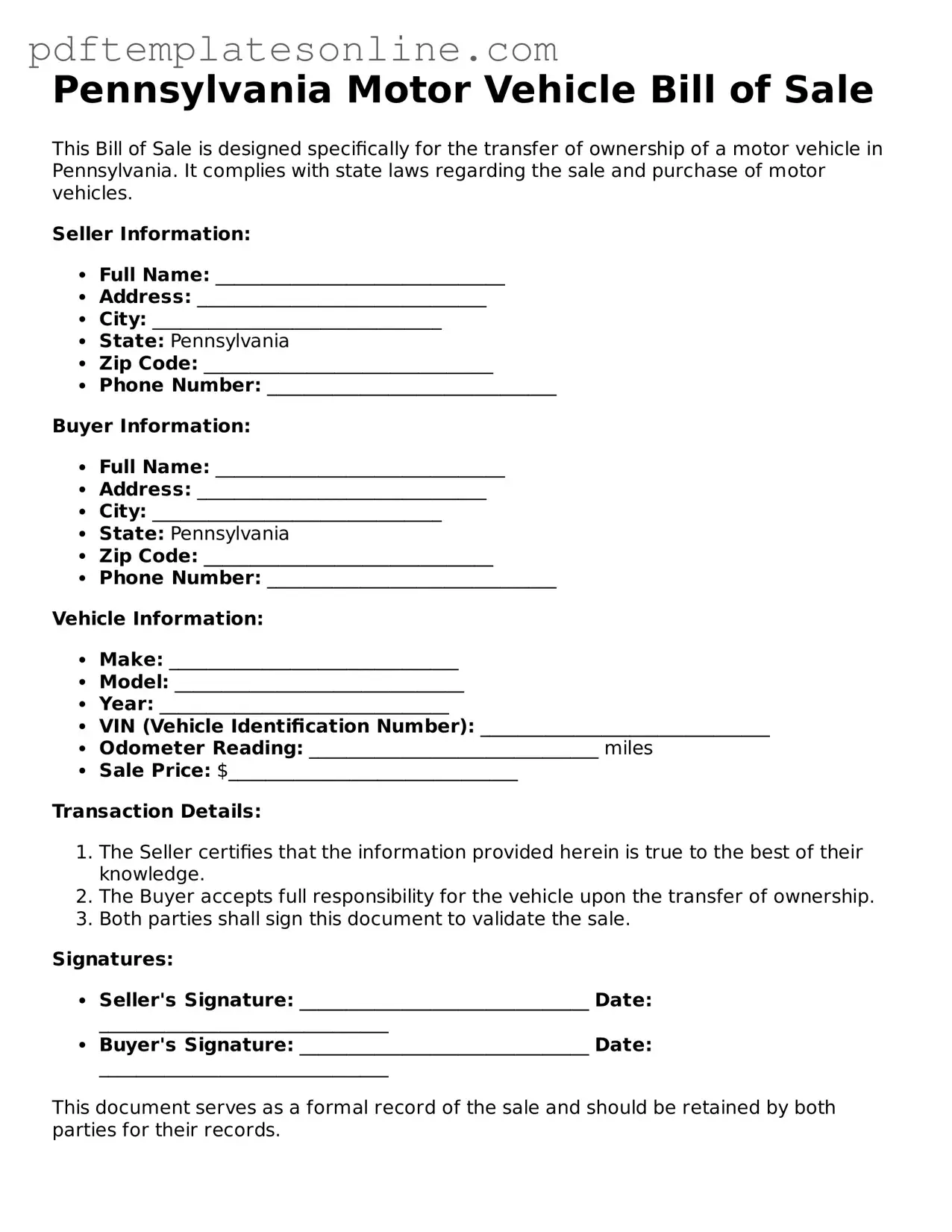 Official Pennsylvania Motor Vehicle Bill of Sale Document