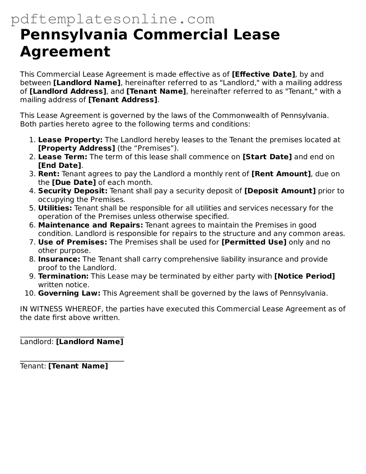 Official Pennsylvania Commercial Lease Agreement Document