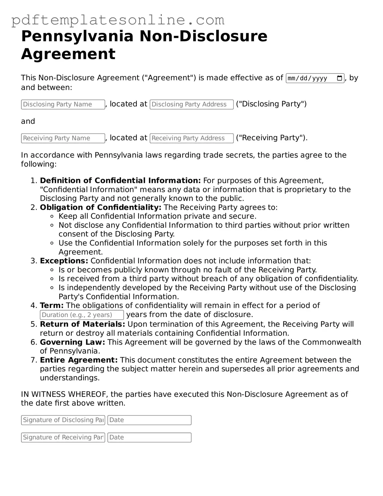Official Pennsylvania Non-disclosure Agreement Document
