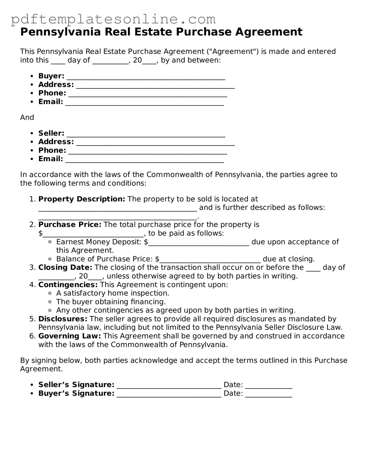 Official Pennsylvania Real Estate Purchase Agreement Document