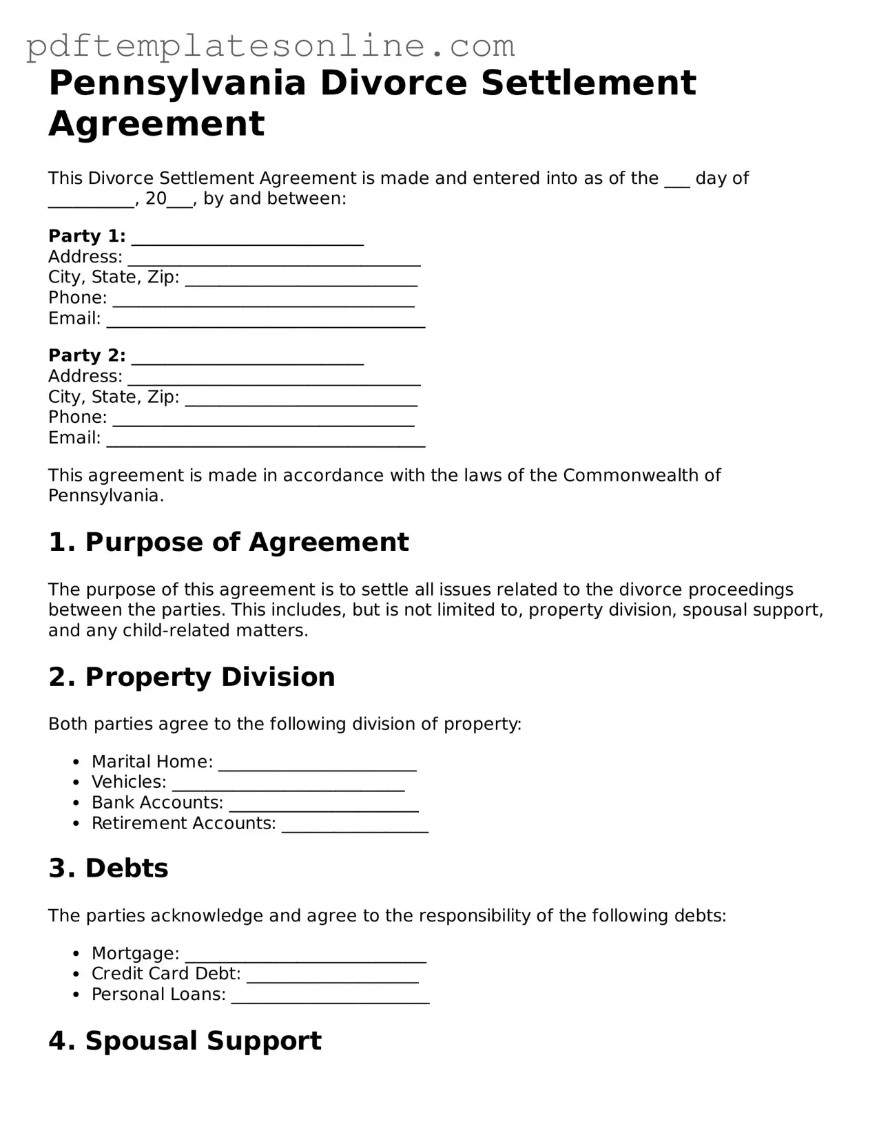 Official Pennsylvania Divorce Settlement Agreement Document