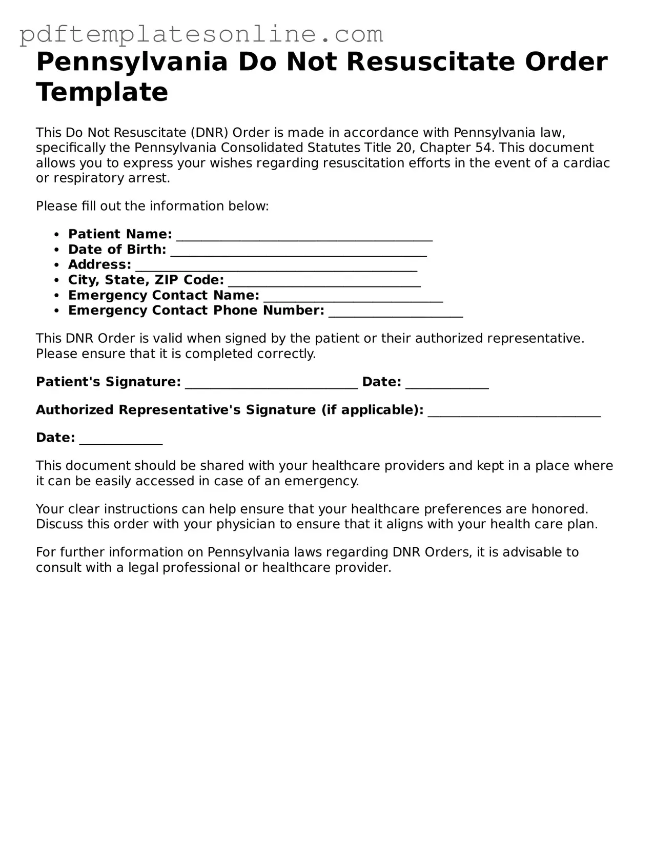 Official Pennsylvania Do Not Resuscitate Order Document
