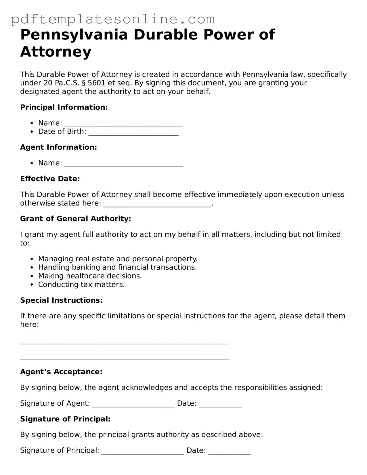 Official Pennsylvania Durable Power of Attorney Document