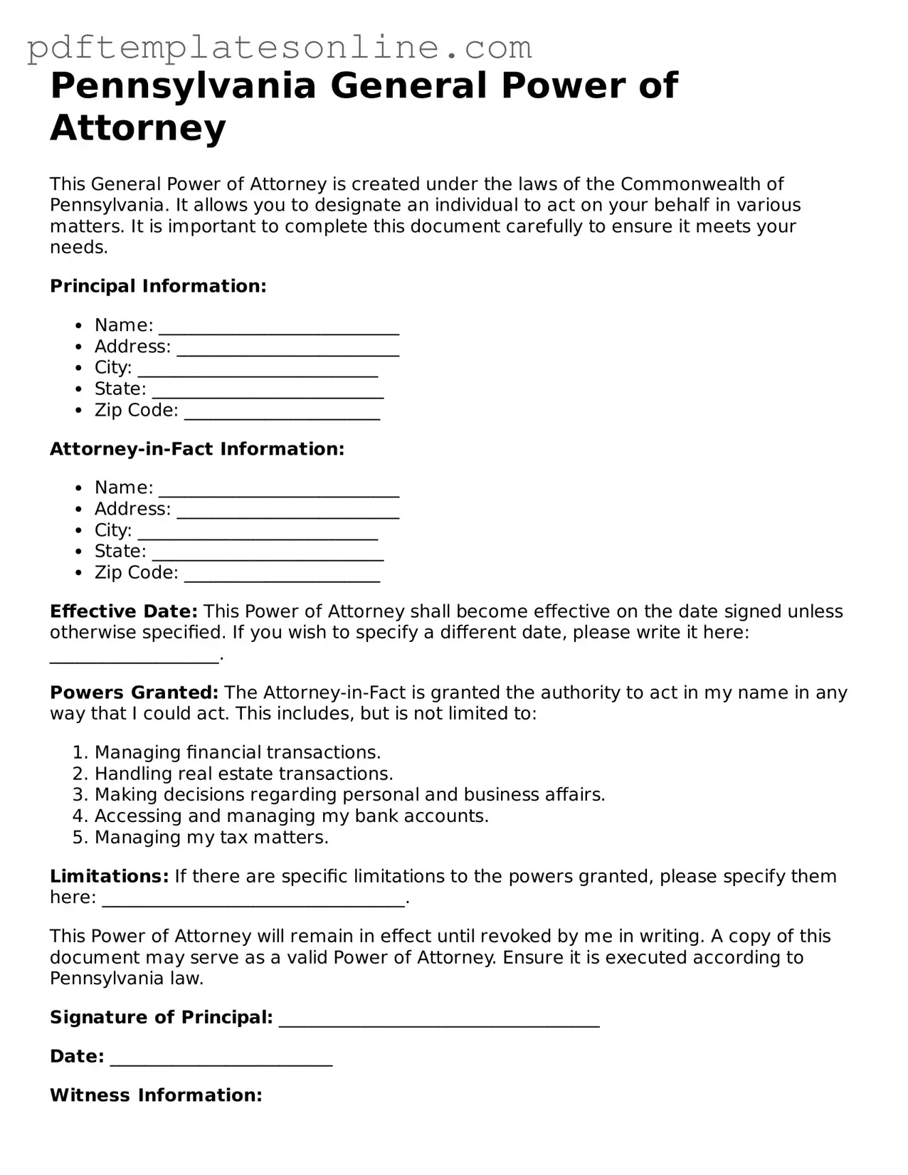 Official Pennsylvania General Power of Attorney Document