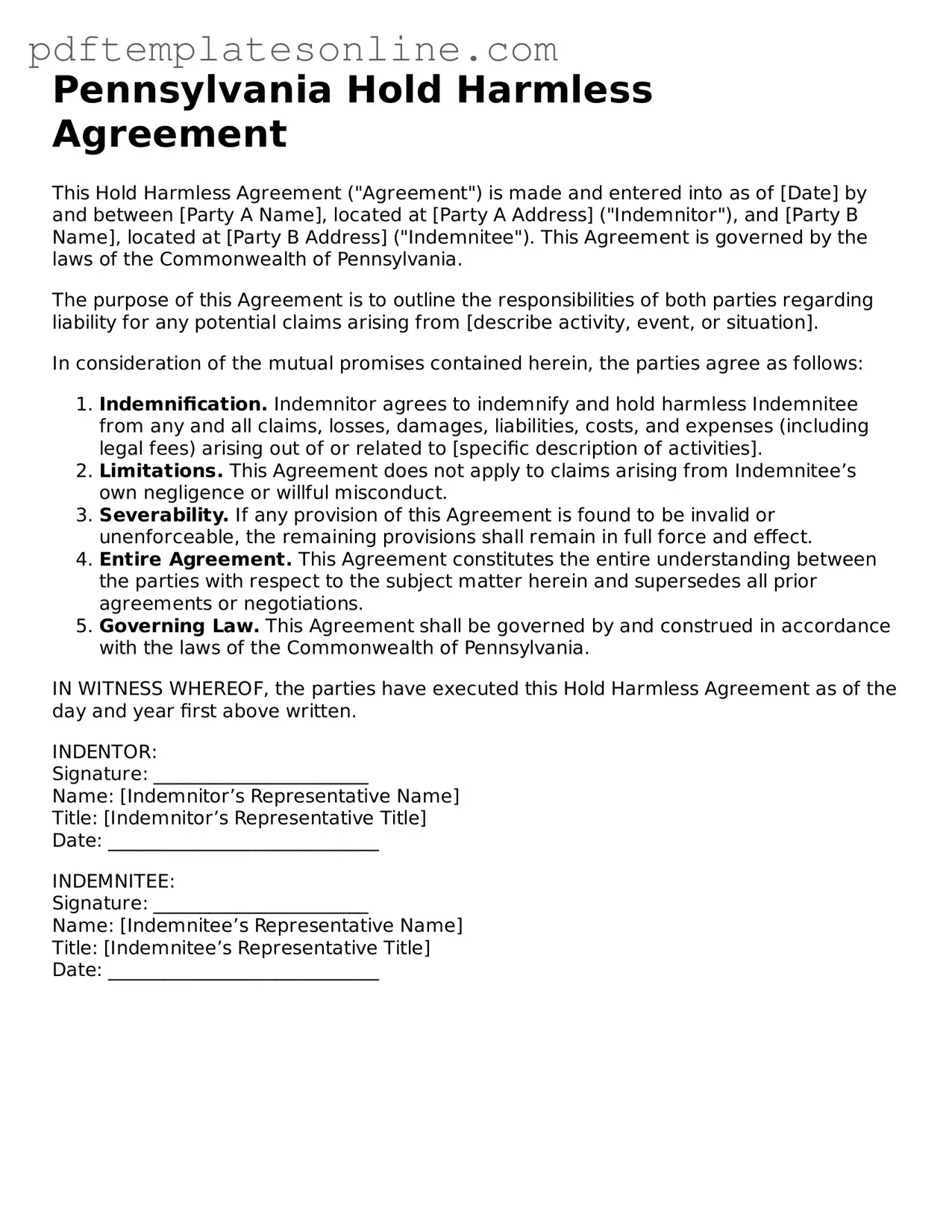 Official Pennsylvania Hold Harmless Agreement Document