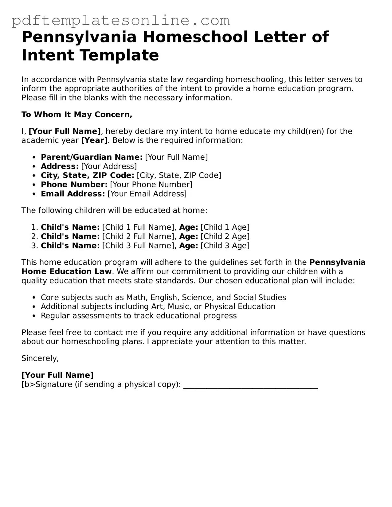 Official Pennsylvania Homeschool Letter of Intent Document