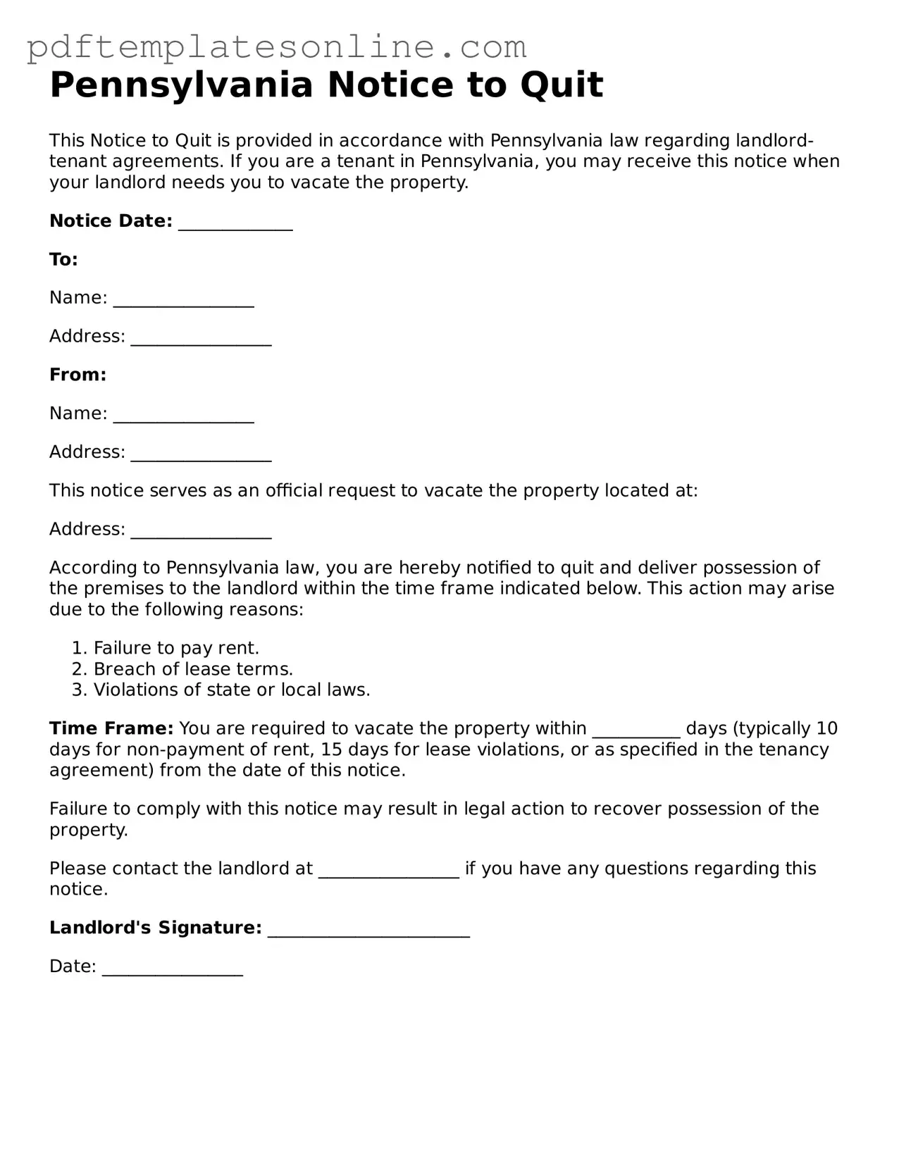 Official Pennsylvania Notice to Quit Document