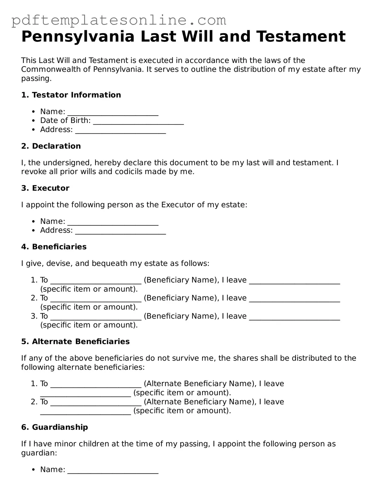 Official Pennsylvania Last Will and Testament Document
