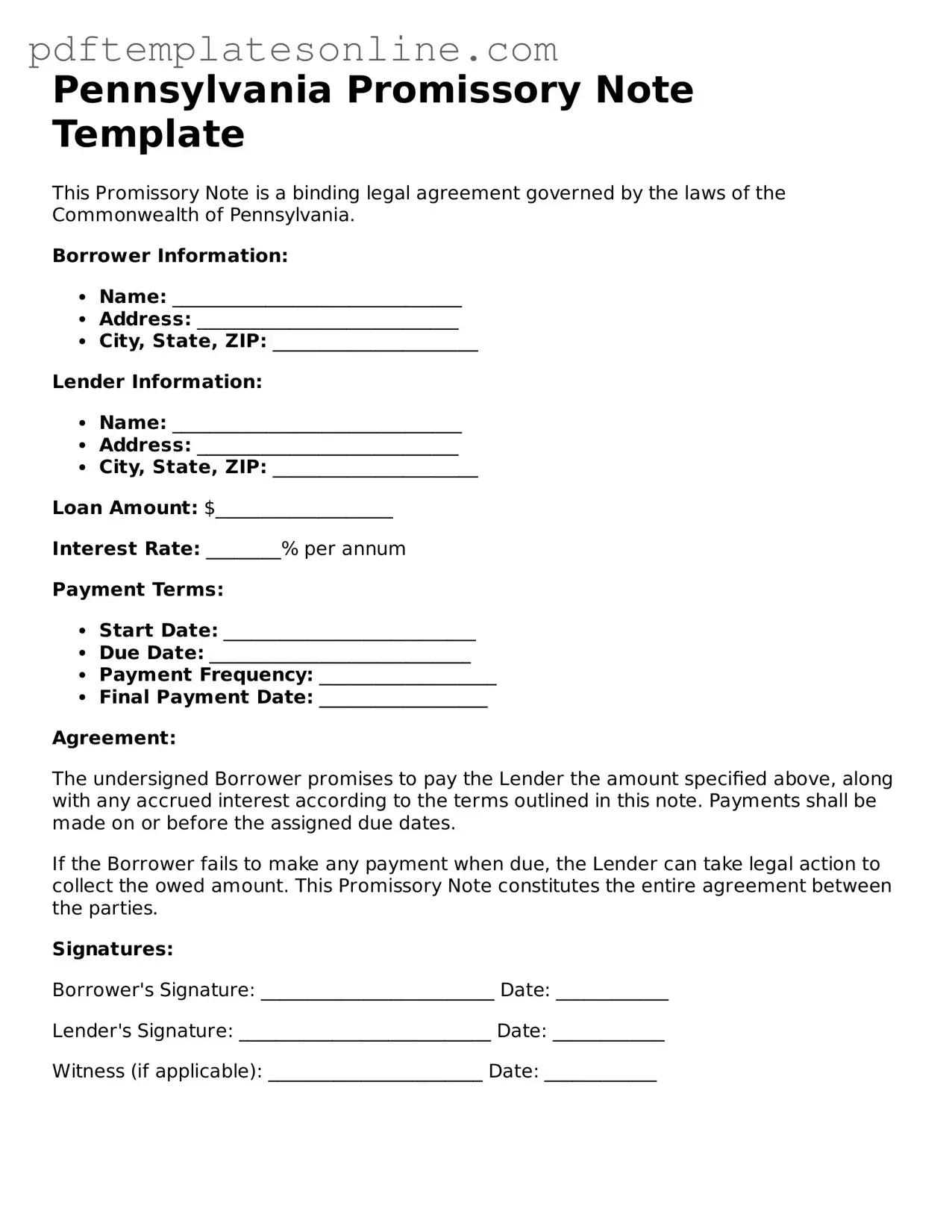 Official Pennsylvania Promissory Note Document