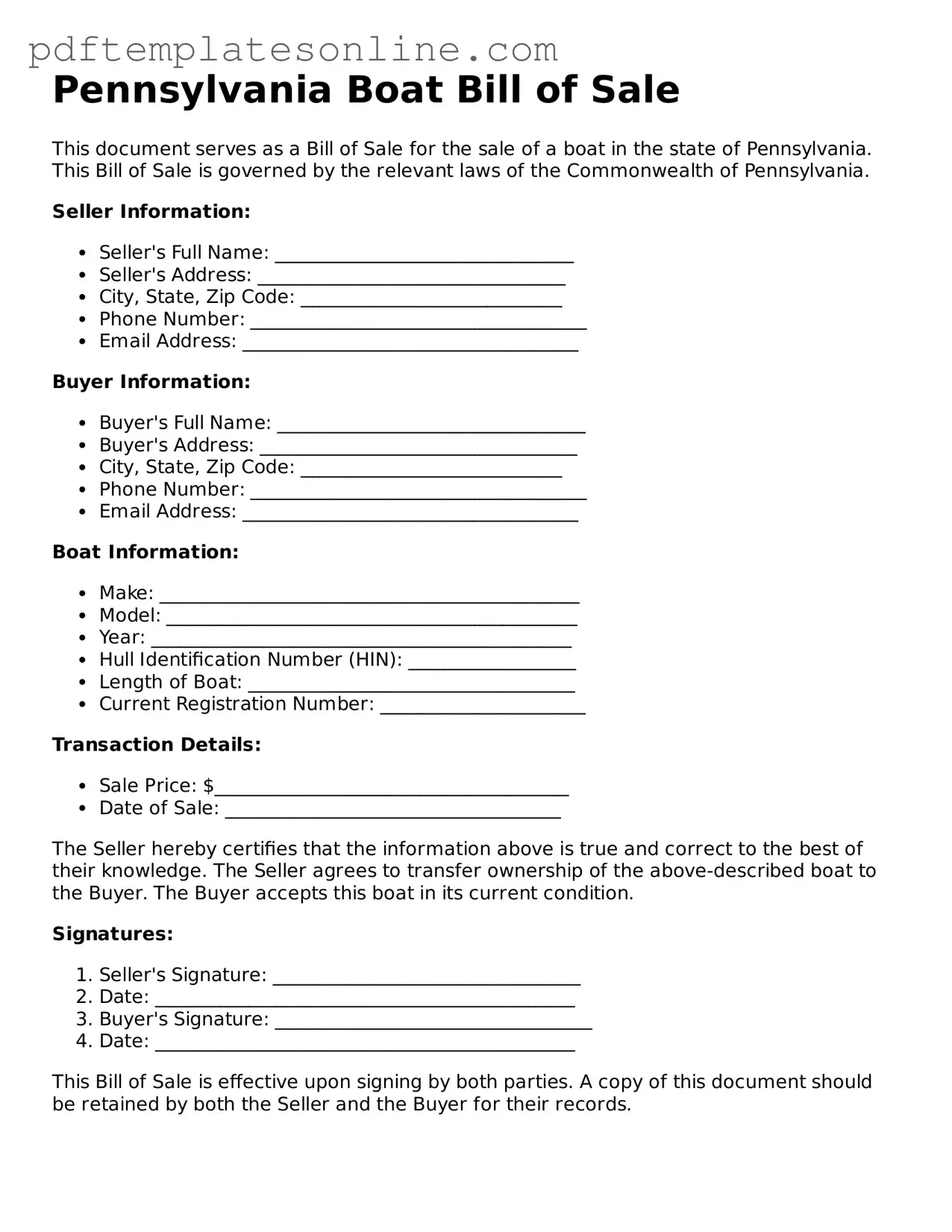 Official Pennsylvania Boat Bill of Sale Document