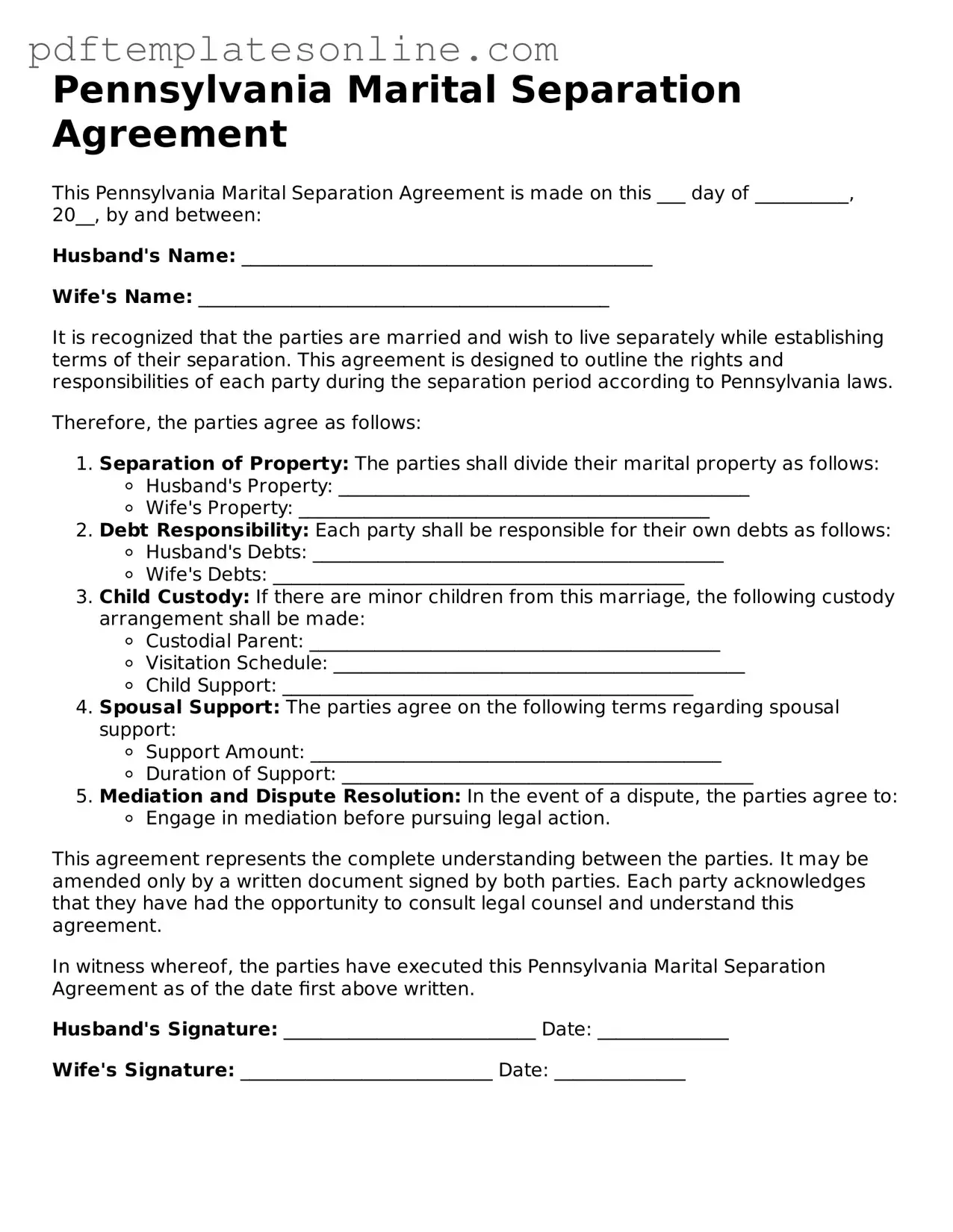 Official Pennsylvania Marital Separation Agreement Document