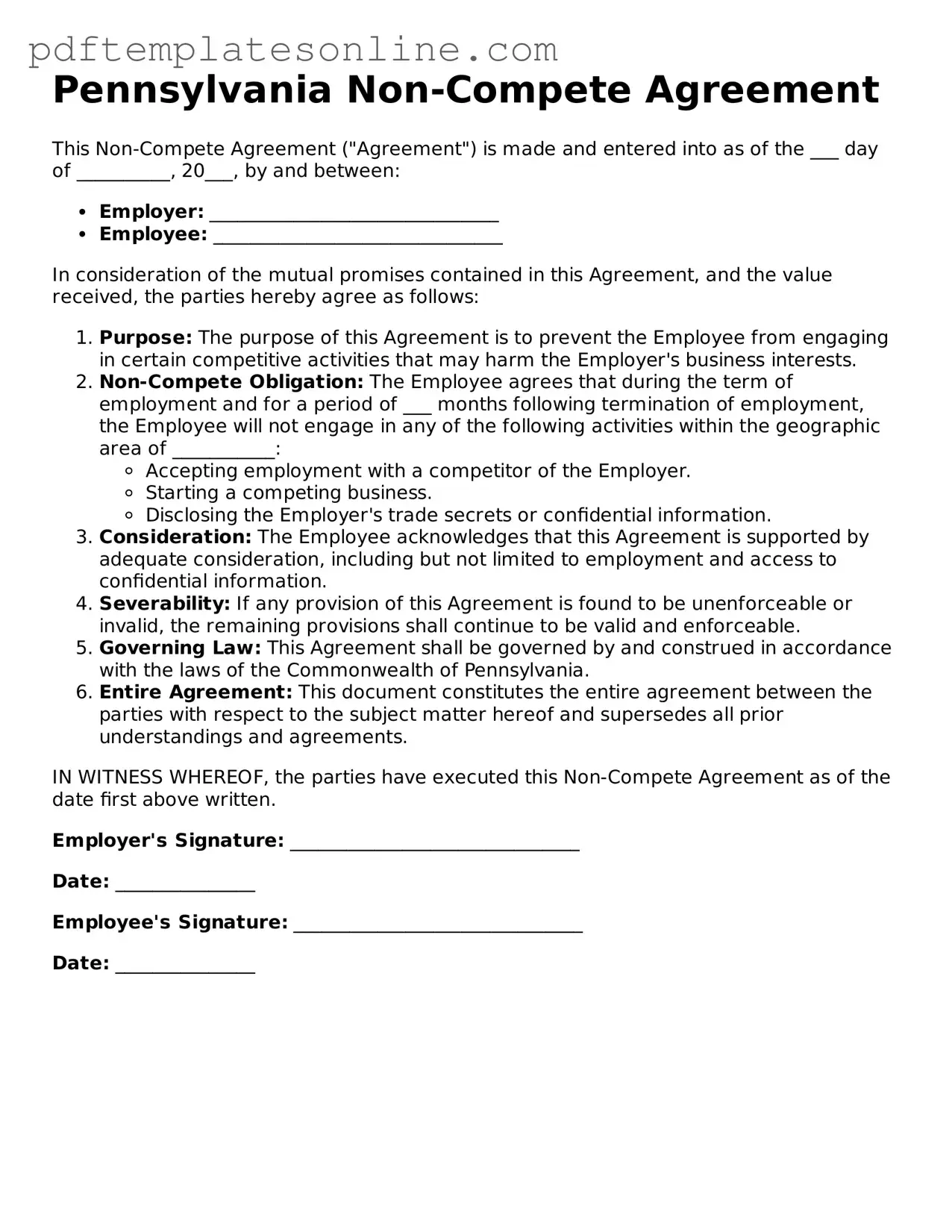 Official Pennsylvania Non-compete Agreement Document