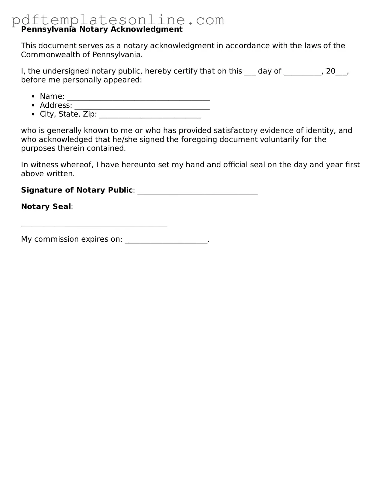 Official Pennsylvania Notary Acknowledgement Document