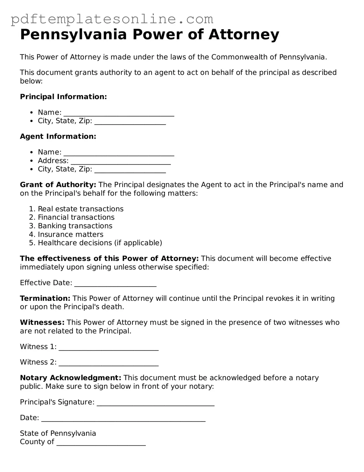 Official Pennsylvania Power of Attorney Document