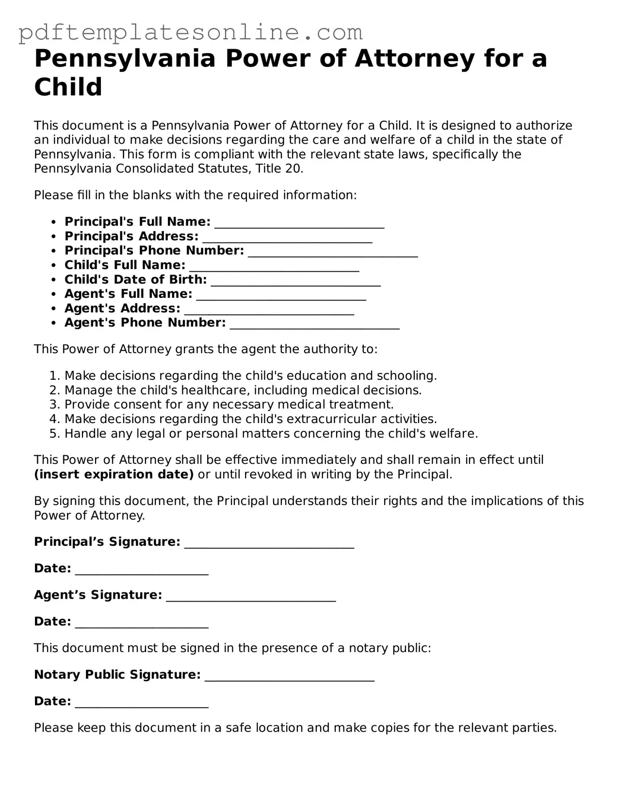Official Pennsylvania Power of Attorney for a Child Document
