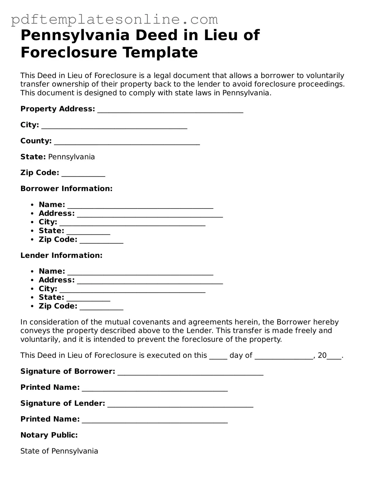 Official Pennsylvania Deed in Lieu of Foreclosure Document