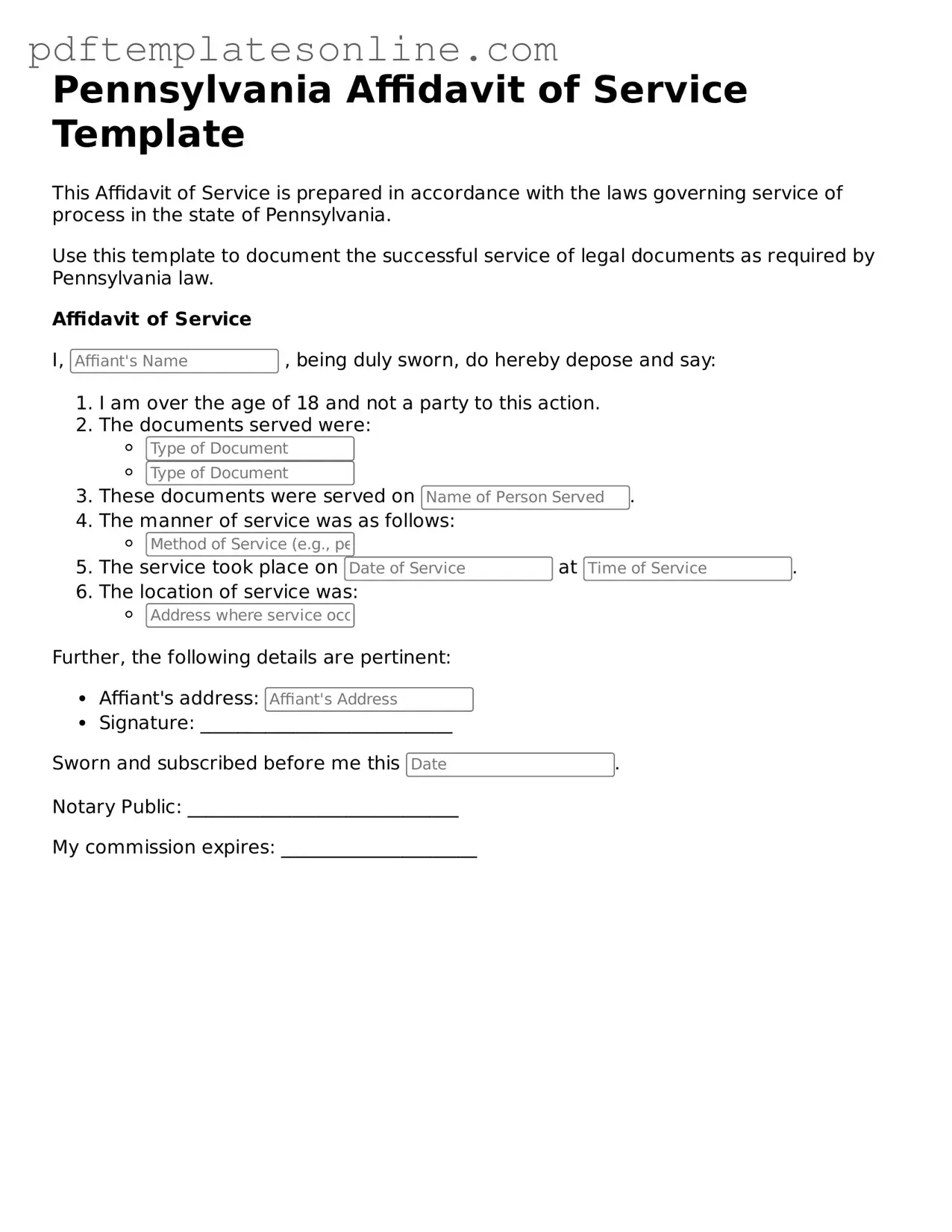 Official Pennsylvania Affidavit of Service Document