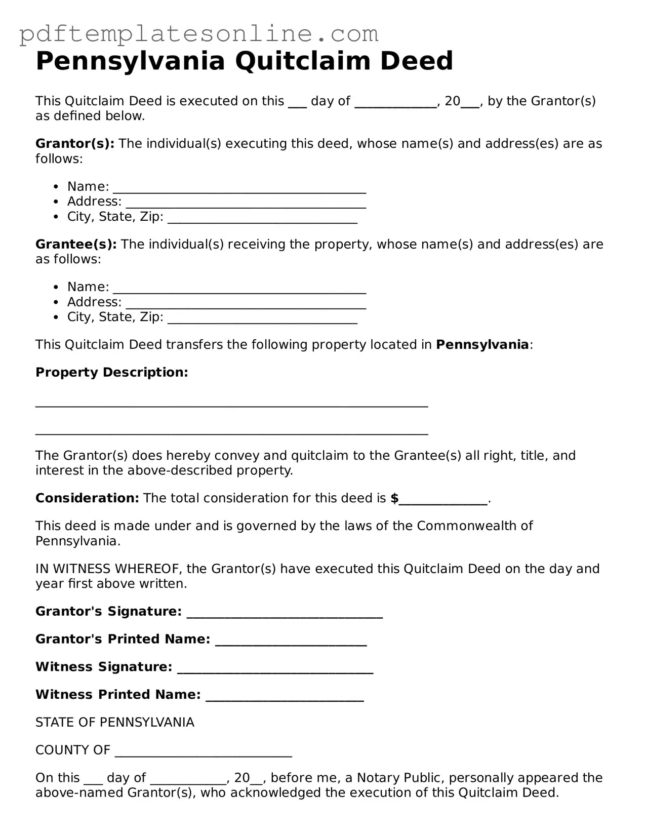 Official Pennsylvania Quitclaim Deed Document