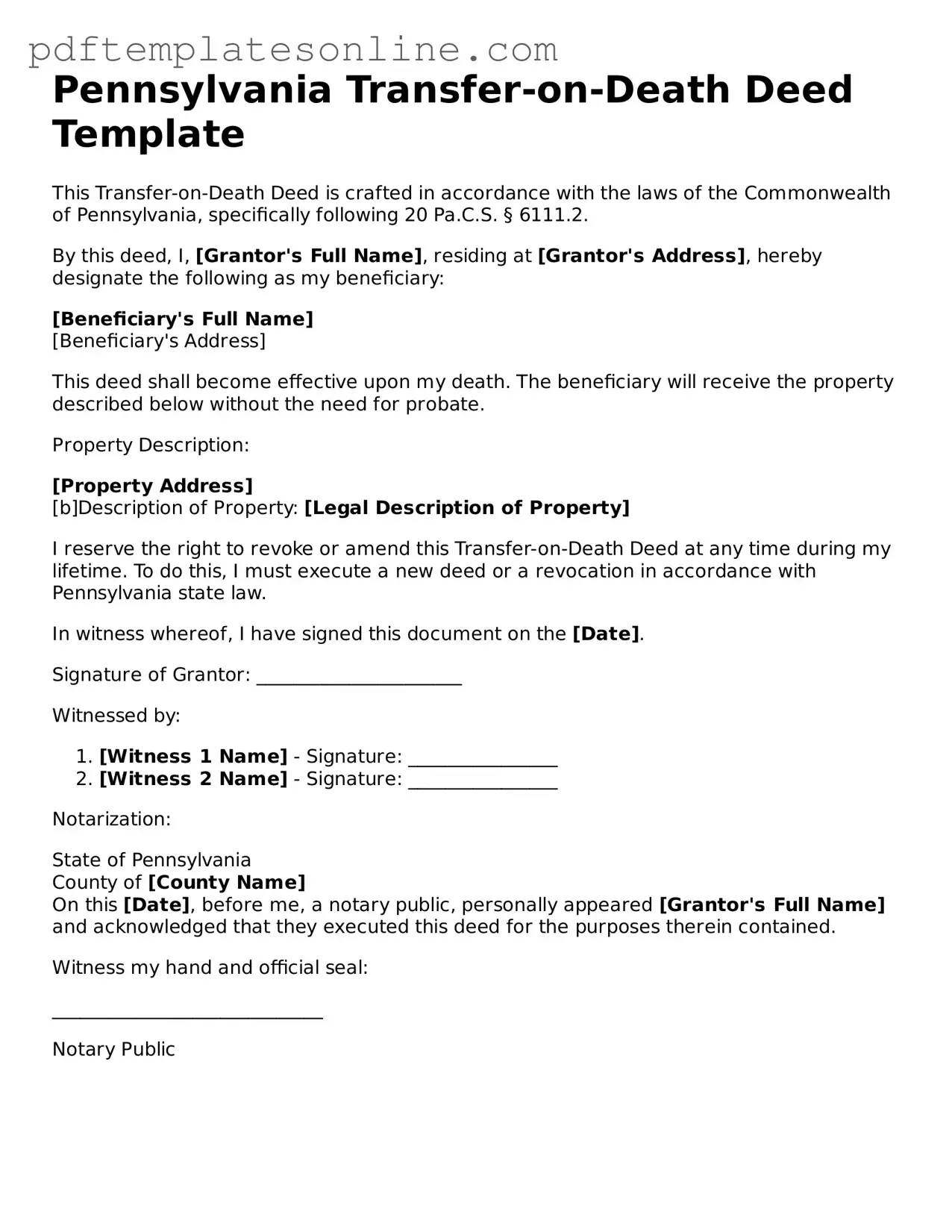 Official Pennsylvania Transfer-on-Death Deed Document