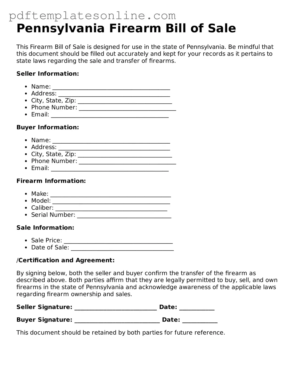 Official Pennsylvania Firearm Bill of Sale Document