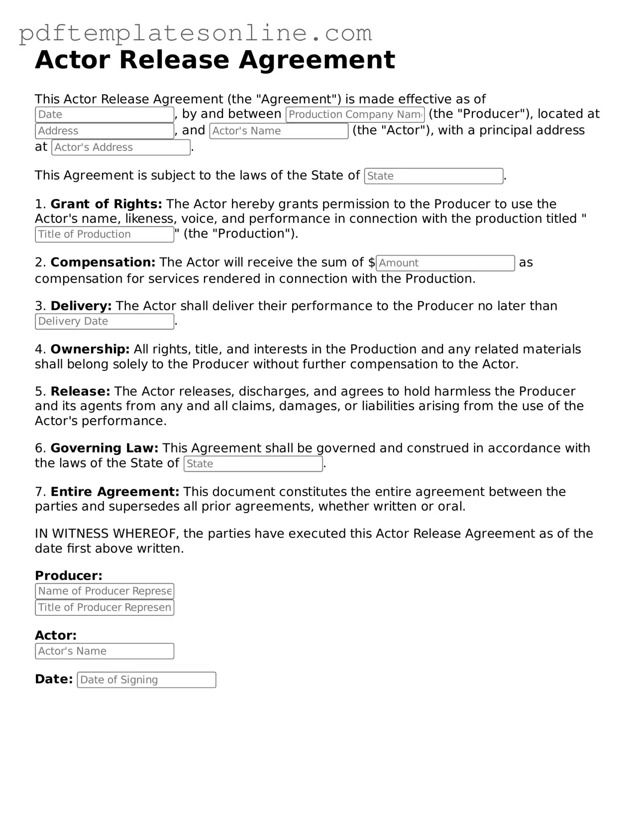 Fillable Actor Release Document