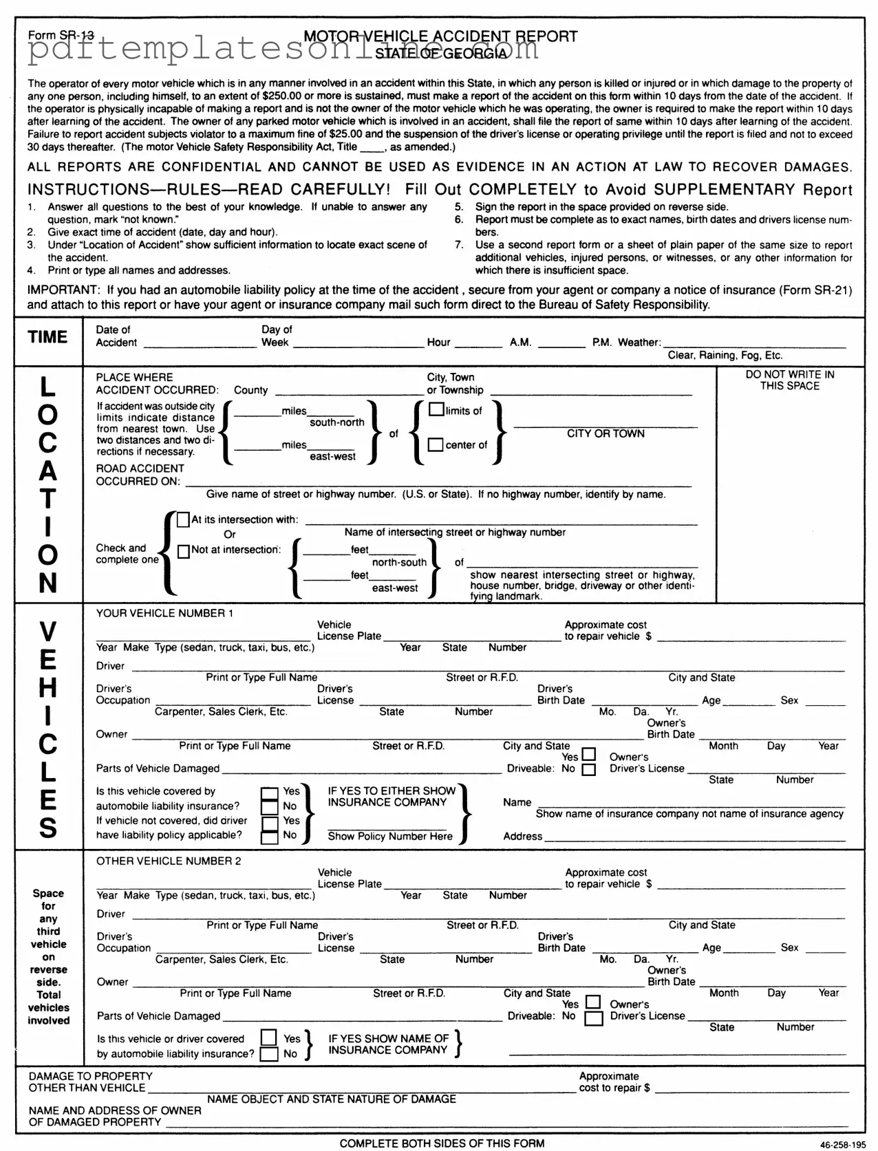 Blank Personal Accident Report Sr 13 Ga Form