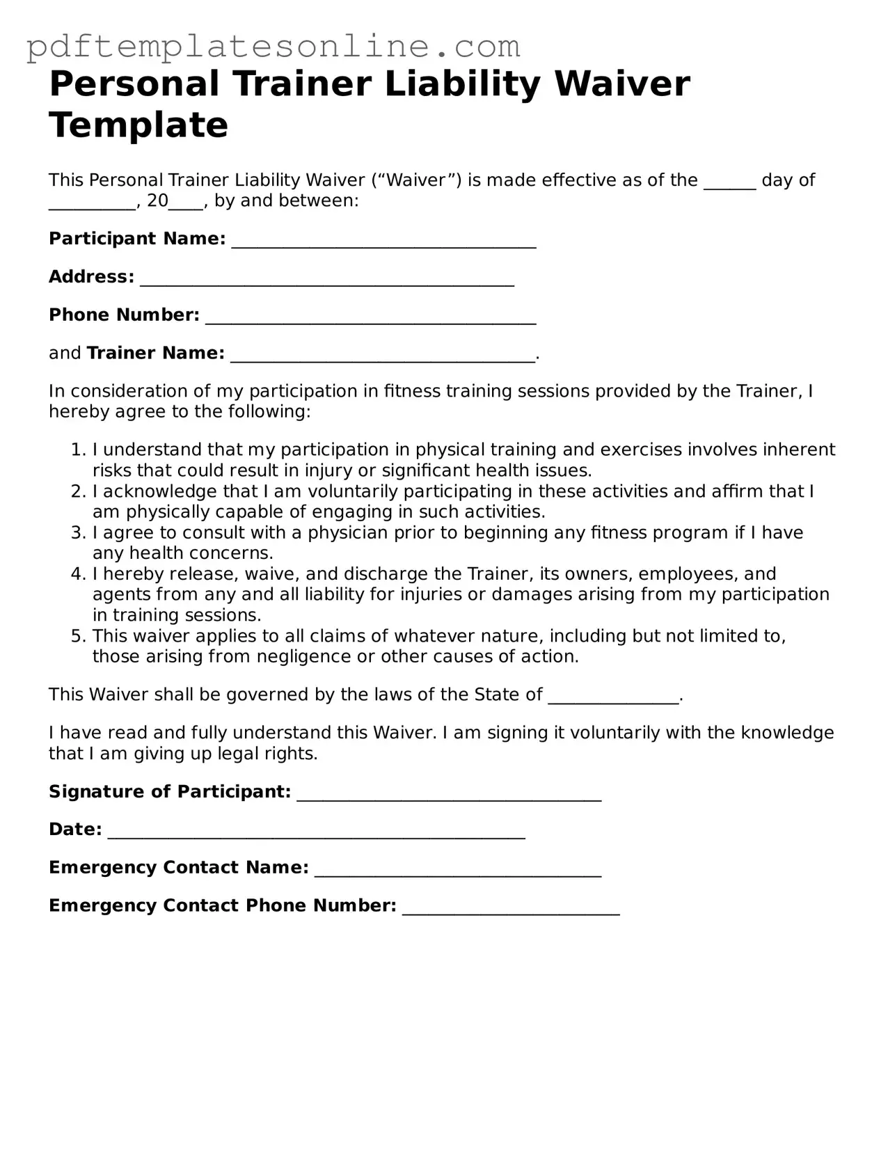 Fillable Personal Trainer Liability Waiver Document