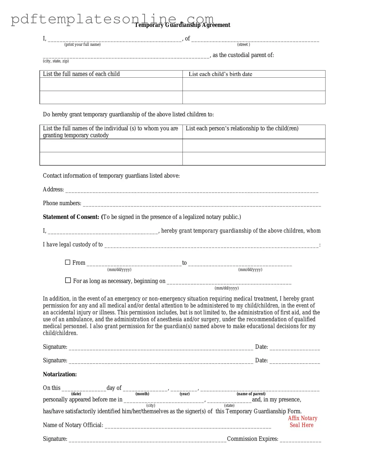 Blank Temporary Custody Form