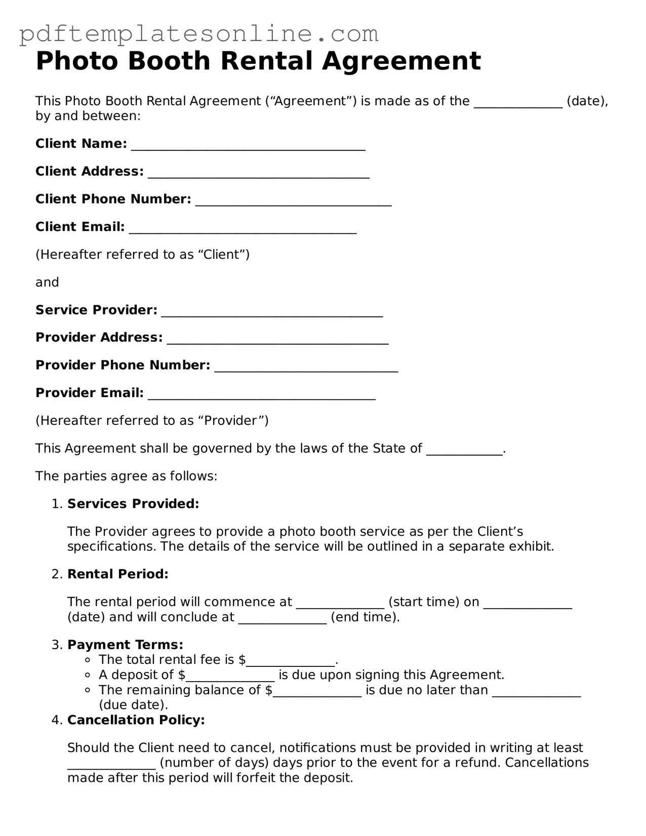 Fillable Photo Booth Rental Agreement Document