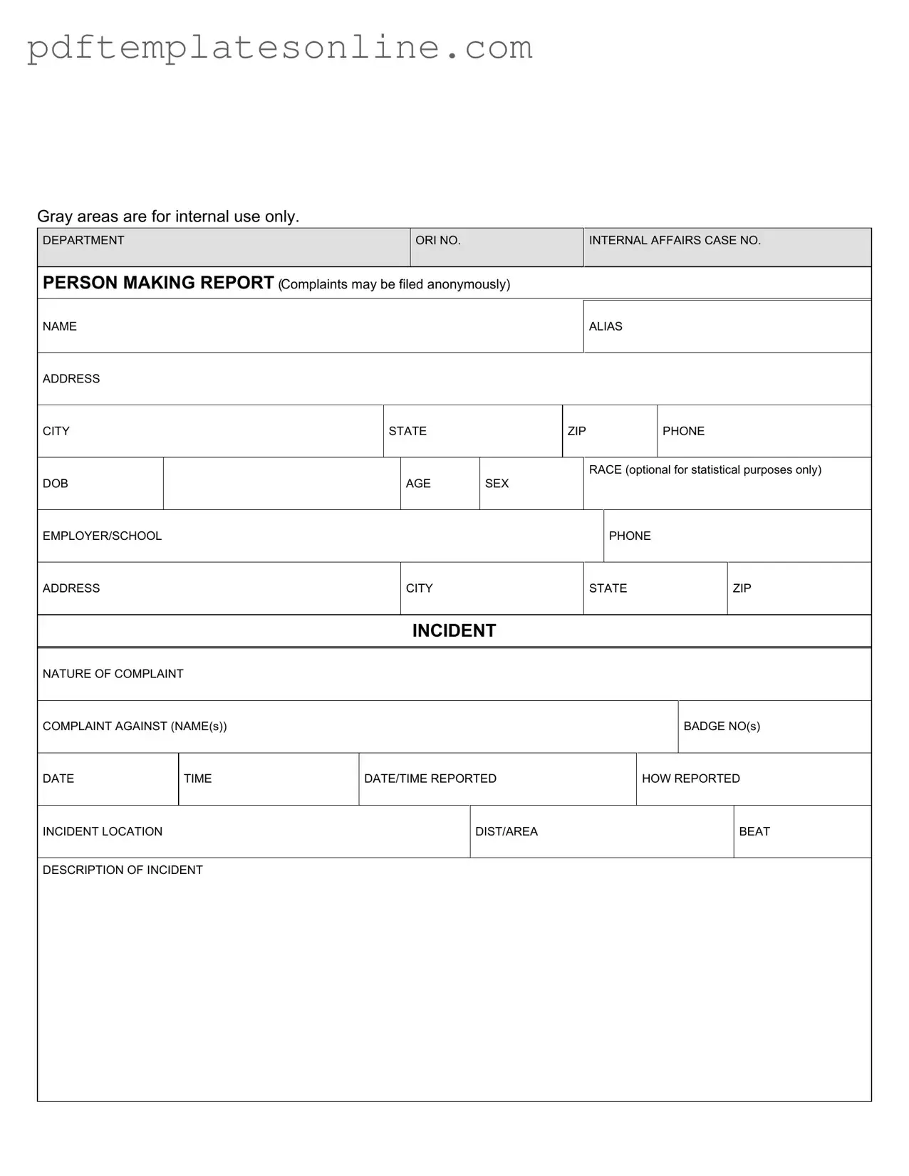Blank Police Report Form