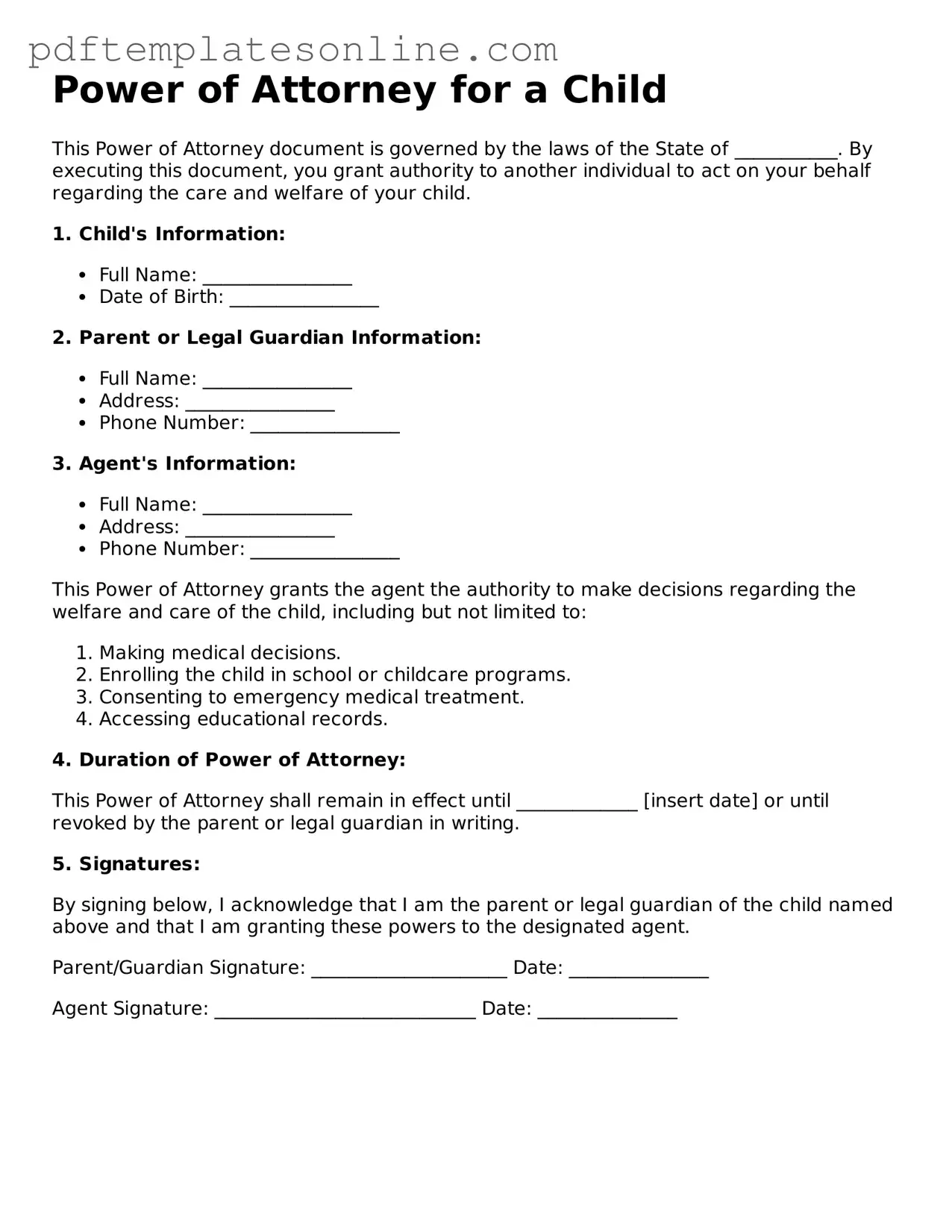 Fillable Power of Attorney for a Child Document