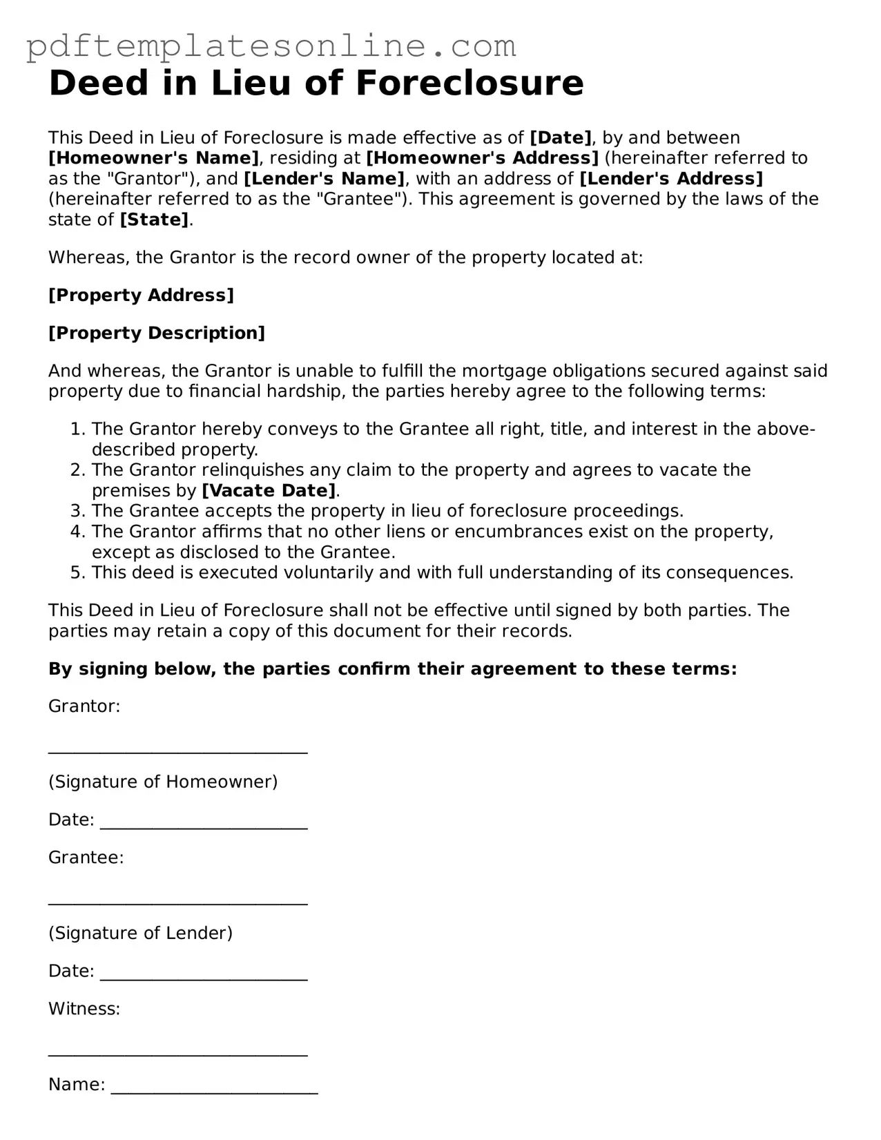 Fillable Deed in Lieu of Foreclosure Document