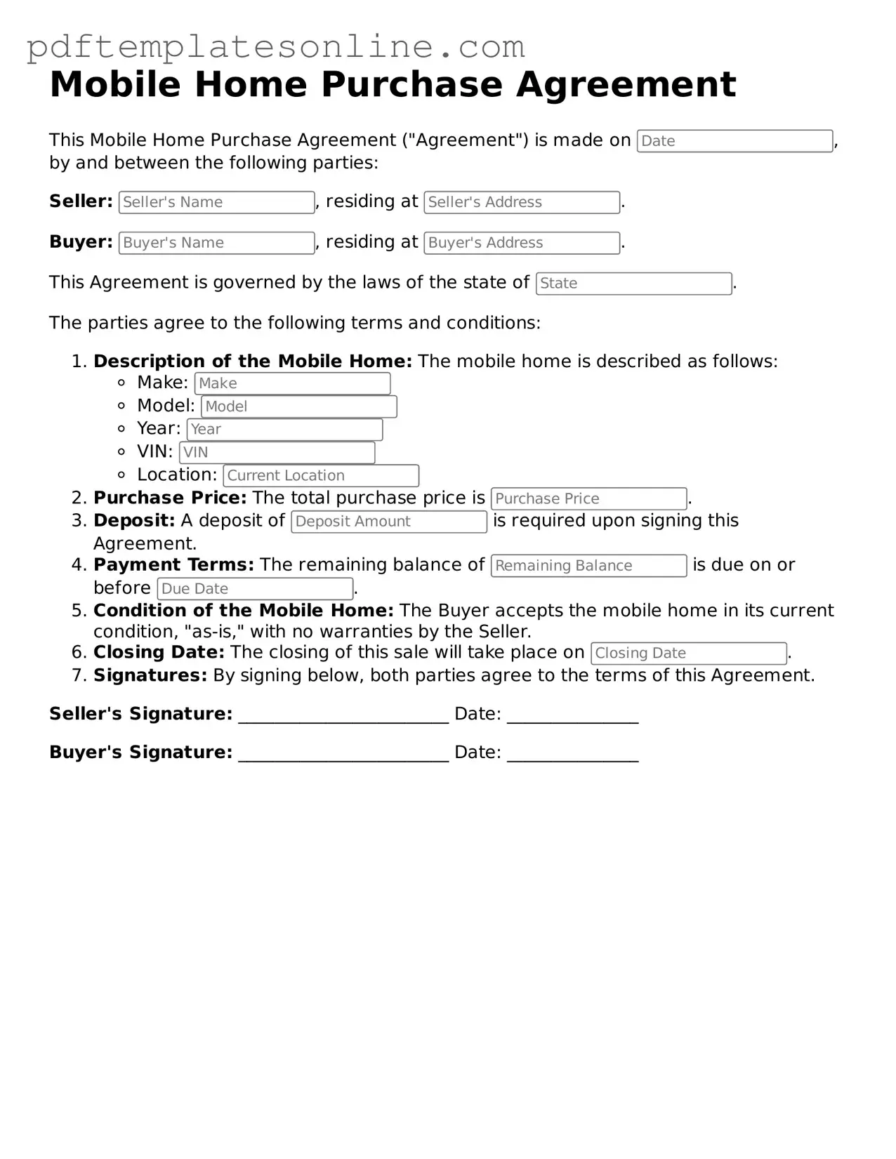 Fillable Mobile Home Purchase Agreement Document